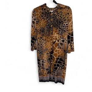 Chico's Womens Animal Print Button Front Shift Dress Size 0 Brown 3/4 Sleeve